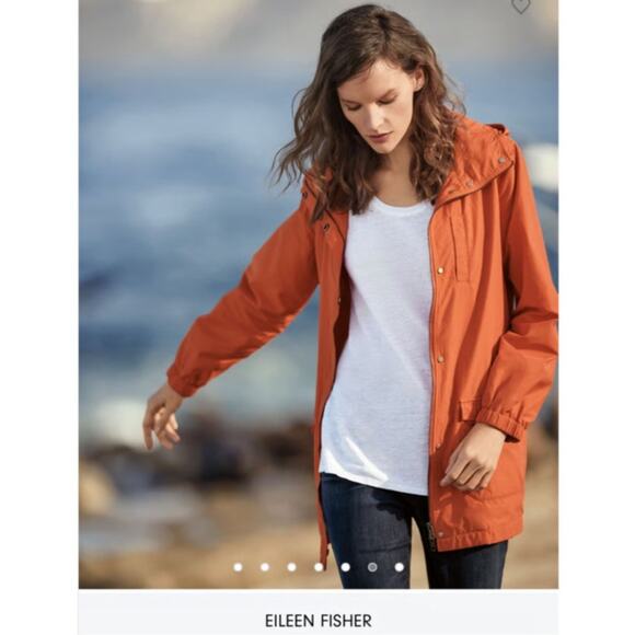 Eileen Fisher Anorak Hooded Jacket Medium Petite MP Orange Full Zip Outdoor Coat - Picture 1 of 16